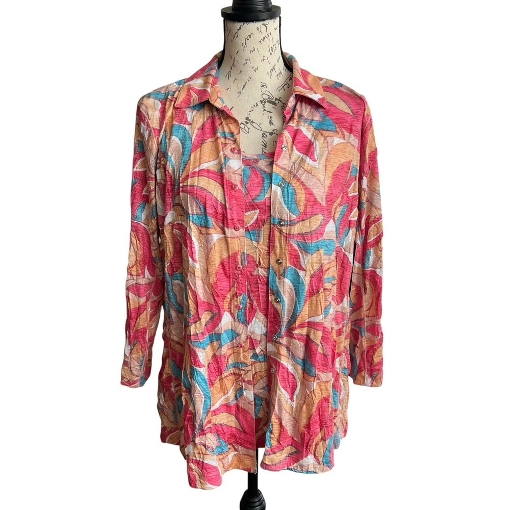Ali Miles Crinkle Button Front Blouse Tank Set‎ Women's Small Multi Artsy Boho